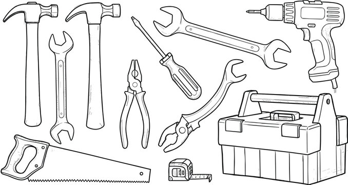 Toolbox Icon Set Featuring Hammers, Wrenches, Saws, Screwdrivers, Pliers, Drill, and Tape Measure for DIY and Construction Designs