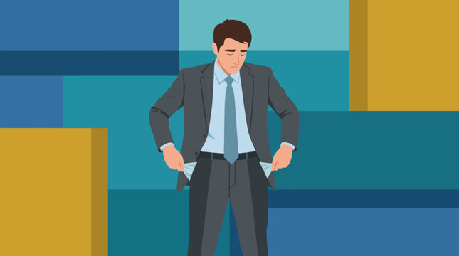 This image portrays a businessman with empty pockets, reflecting the struggles of financial hardships while capturing the essence of resilience and determination in tough times.