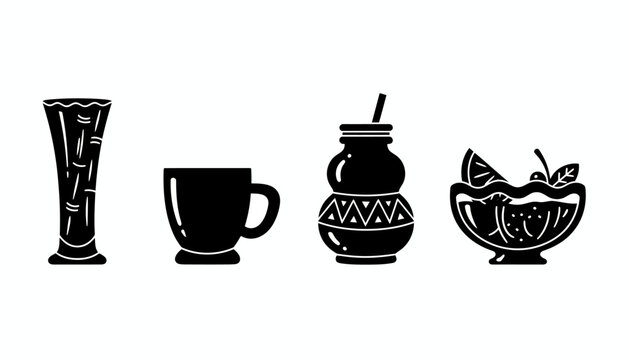 Collection of graphic icons mate gourd, coffee mug, tall glass, and fruit drink bowl. Ideal for various beverage-related design concepts and visual projects