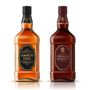 This artistic image displays two sophisticated whiskey bottles, highlighting their elegant labels, embodying luxury and richness in crafted spirits.