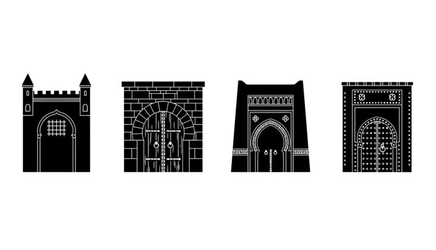 Vector silhouettes of diverse historical doors and gates. Four ornate ancient architectural entries with intricate details, representing cultural heritage and timeless style