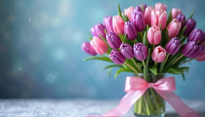 Obraz premium Vibrant bouquet of pink and purple tulips arranged in a glass vase with a satin ribbon. Softly blurred light blue background creates a cheerful, serene atmosphere.