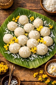 ​Traditional Burmese Mont Lone Yay Paw (sticky rice balls) topped with coconut shreds on a banana leaf, a festive dessert of Thingyan Festival.