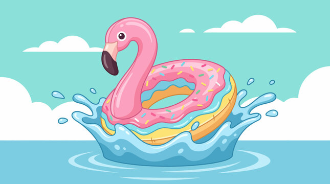 A playful flamingo-shaped pool float adorned with a donut design, ideal for summer fun at the pool or beach, promoting joy and relaxation in sunny settings.