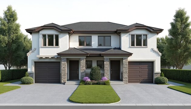 Modern duplex house with two garages side by side. Symmetrical residential building exterior features white walls stone accents. Manicured lawn green trees surround property.