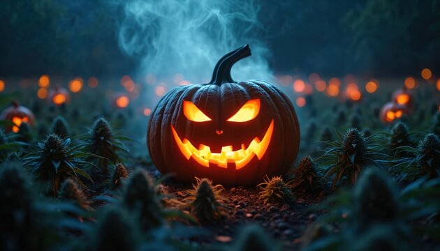 Scary Jack-o-lantern glows in dark cannabis field. Orange pumpkins light up spooky night. Smoke rises from eerie weed plants, festive autumn harvest.