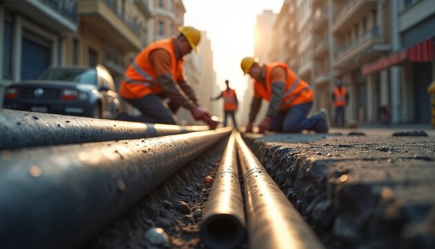 Construction workers install underground cables in city street. Men in safety vests and hard hats lay pipes for new power line network. Workers connect electrical grid infrastructure on urban site.
