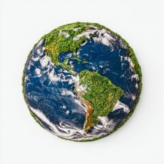 Fototapeta premium A highly detailed globe of Earth covered in rich forests and deep blue oceans floats on a clean white background, symbolizing environmental protection and global sustainability.