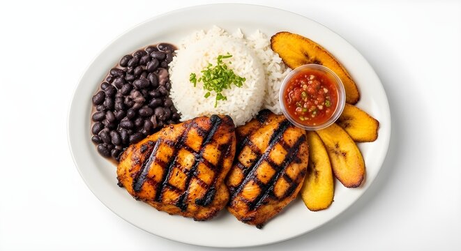 Delicioso plato de pollo a la parrilla con arroz, frijoles, pl&aacute;tanos y salsa, conjunto PNG de fotograf&iacute;a de comida profesional, fondo transparente