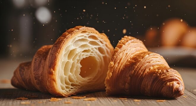 Croissants franceses, el mejor postre de hojaldre, fotograf&iacute;a cinematogr&aacute;fica de comida en el fondo del estudio