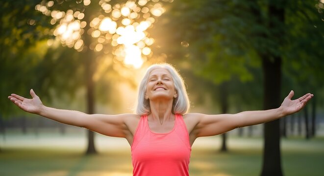 Asia personas adultas de mediana edad conscientes feliz anciana brazo abierto yoga calma profunda alivio del estr&eacute;s naturaleza al aire libre parque p&uacute;blico luz del sol amor propio relajarse anciano en
