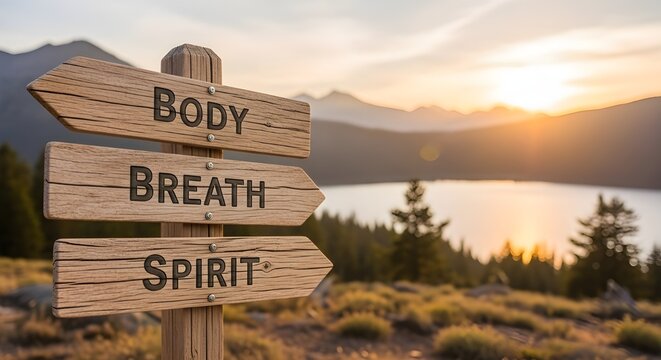 Cita de texto cuerpo mente alma grabada en un cartel de madera al aire libre en la playa con tema de puesta de sol.
