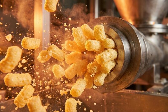 Industrial food extruder machine producing corn puff snacks with high pressure and explosion of crumbs in factory