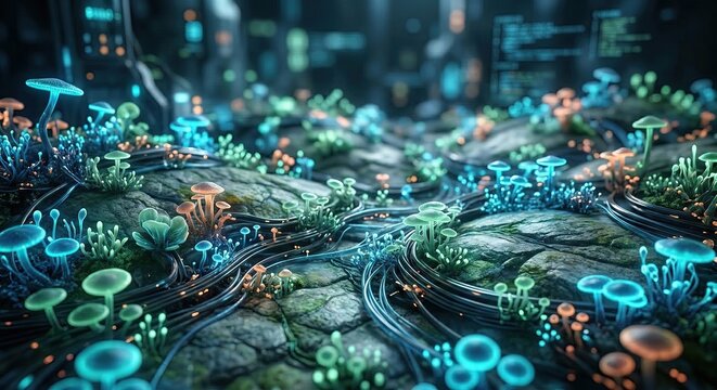 Bioluminescentglowingmushroomsinfuturistictechgarden,cyberneticnaturewithelectroniccablesandmossyrocks,digitalecosystemconceptforvirtualrealityworld