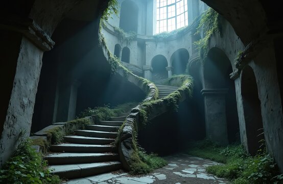 Ancient stone spiral staircase overgrown with moss in abandoned building interior. Light beams pierce gloomy hall, revealing decaying architecture and plant life. Mysterious, historical ambiance.