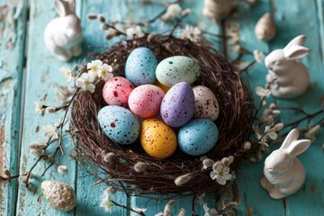 Obraz premium Easter Eggs in Bird Nest on Blue Wooden Table with Bunnies