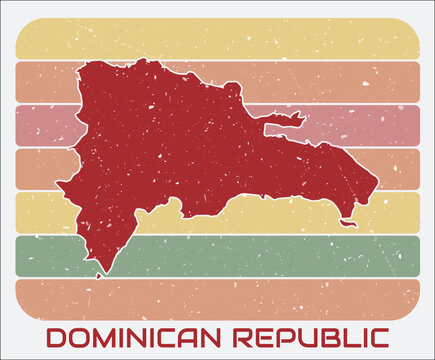 Dominican Republic vintage logo. Shape of the country on retro colored stripes background. Dominican Republic map design with grunge scratch texture. Vector illustration.