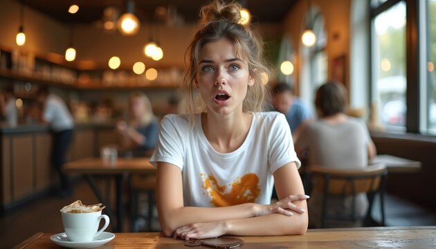 Young woman in cafe looks surprised by coffee stain on her t-shirt. Spilled cup on table creates a messy accident. Cozy indoor setting captures a relatable mishap. Woman reacts with shock.