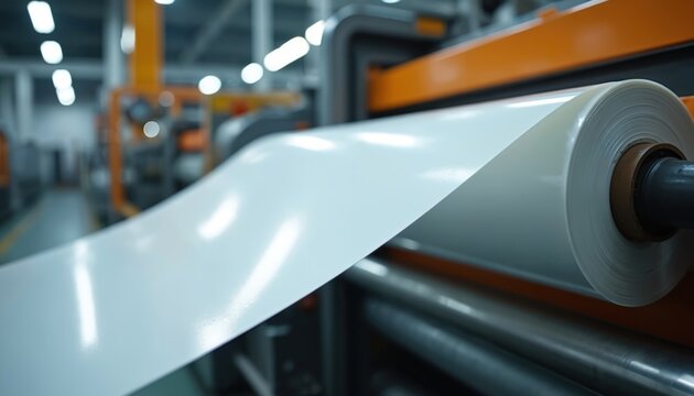 White plastic film roll feeds into industrial machine, manufacturing production line, automation process, packaging material creation. Modern factory equipment operates, creating plastic sheets.