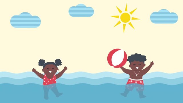 Children's Summer Animation. Cute Black Children are Playing Ball in the Sea. Little Girl, Little Boy, Sun, Clouds, Beach Ball, Waves Water. Video in Blue, Red, White, Yellow