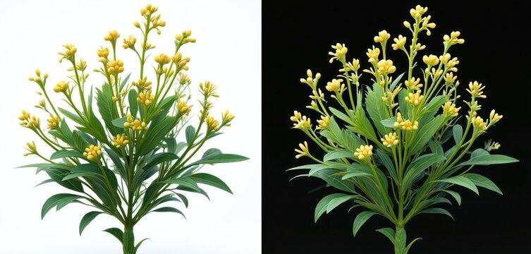 A sprig of yellow flowers with green leaves isolated on white and black backgrounds. Its delicate yellow buds and elongated green leaves are visually appealing.