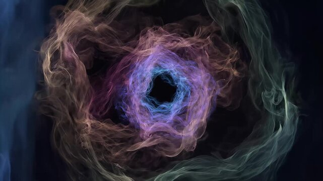 Vibrant swirling purple blue and pink smoke forms a captivating spiral shape against a dark background with wispy tendrils