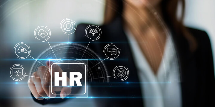 Business woman using digital interface with HR, cloud and database icons, representing workforce management, digital HR processes and modern corporate technology. 