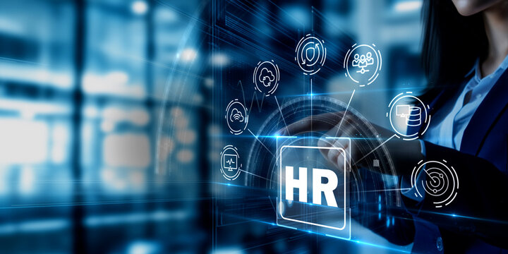 Human resources concept with business woman using digital interface, HR icon, team, cloud and data symbols, representing recruitment, talent management and modern workplace. 