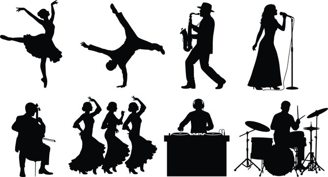 Silhouette collection of diverse performing artists including dancers, musicians, singers, DJs, and drummers representing global performing arts culture