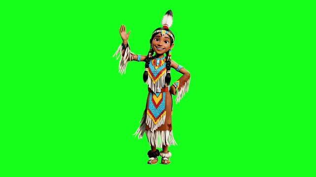 A cute 3D cartoon girl in traditional indigenous clothing performs a cheerful rhythmic dance on a vibrant green screen. This engaging character attracts interest for educational content, cultural stor