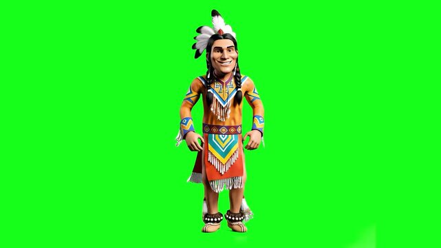 A cheerful 3D animated indigenous man in traditional tribal clothing stands and dancing to attract attention. Ideal for cultural education, historical storytelling, and diverse mascot animation