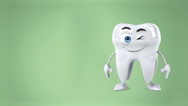 An animated, friendly cartoon tooth character with blue eyes winks and smiles, standing against a soft light green background. Ideal for dental health campaigns, pediatric dentistry, and oral hygiene 