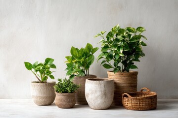 Fototapeta premium Green plants in various ceramic pots and woven basket, displayed indoors