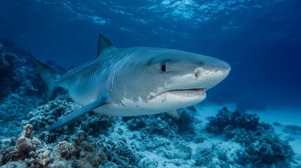Fototapeta premium Majestic Shark Underwater Swimming Above Vibrant Coral Reefs in Clear Blue Ocean Environment