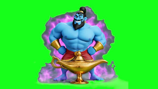 A muscular blue genie with a black beard and gold cuffs stands behind a golden magic lamp with purple smoke on a green screen. This high-quality 3D stylized animation is perfect for fairy tale or gami