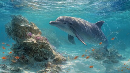 Fototapeta premium Graceful Dolphin Swimming Near Colorful Coral Reef in Clear Tropical Waters