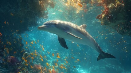 Fototapeta premium Majestic Dolphin Swimming Gracefully Among Vibrant Coral Reef and Colorful Fish in Crystal Clear Ocean Waters