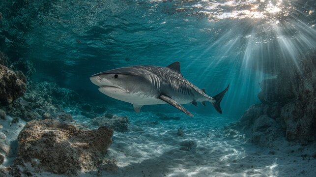Majestic Tiger Shark Swimming Gracefully in Clear Ocean Waters Beneath Sunlight Rays