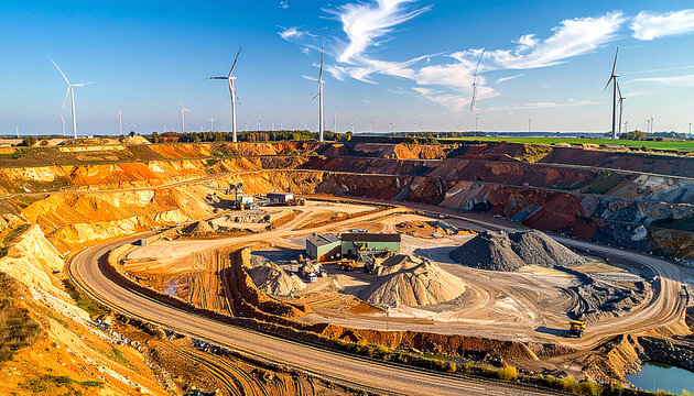 Mining site surrounded by wind turbines in distance, energy transition theme