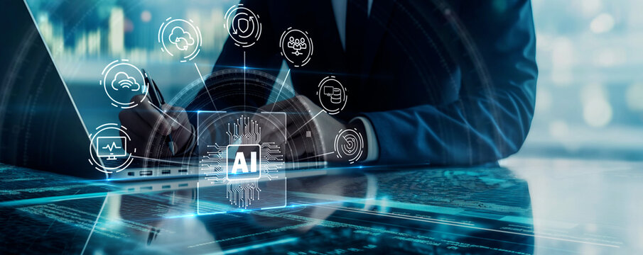 Close-up of user in modern office interacting with laptop and AI interface, showcasing intuitive digital systems, user experience design and interactive technology. Glowing AI icon.