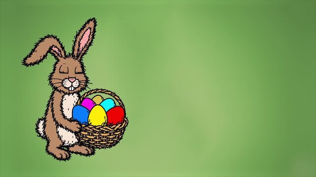 A cheerful cartoon bunny peeks into the frame holding a basket of multi-colored eggs over a textured green backdrop. This 2D illustration is designed for holiday marketing and seasonal greetings.
