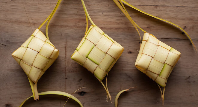 Three traditional lemang parcels woven from palm leaves on transparent background