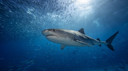 Fototapeta premium Majestic Tiger Shark Swimming Among Flocks of Shimmering Fish in Clear Ocean Waters