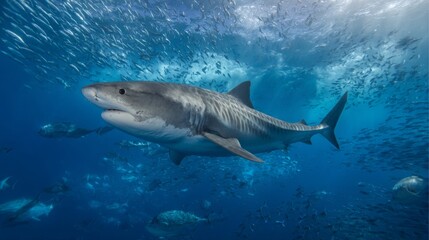 Fototapeta premium Majestic tiger shark swimming peacefully among a school of fish in clear ocean waters