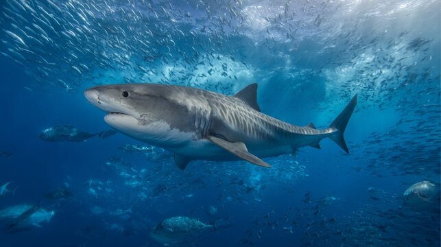 Majestic tiger shark swimming peacefully among a school of fish in clear ocean waters