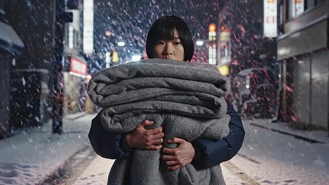 Asian woman holding folded blankets while walking down a snowy city street at night.