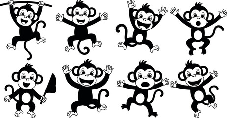 Cute cartoon monkey characters set funny jumping waving and playful primate mascots black vector illustration collection © Jesika!