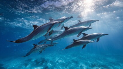 Obraz premium Graceful Dolphins Swimming Together in Clear Blue Ocean Water Under Bright Sunlight and Gentle Waves