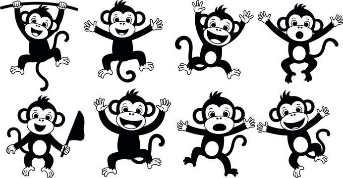 Cute cartoon monkey characters set funny jumping waving and playful primate mascots black vector illustration collection