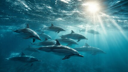 Fototapeta premium Underwater Scene of Dolphins Swimming Gracefully in Clear Ocean Waters with Sunlight Filtering Through the Surface